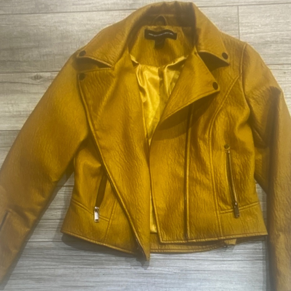 French Connection Moto Jacket S Mustard Faux Leather Biker Winter Chic Spring